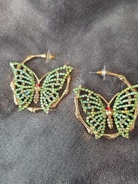 EUC Gold Butterfly Hoop Earrings with Green Crystal Wings